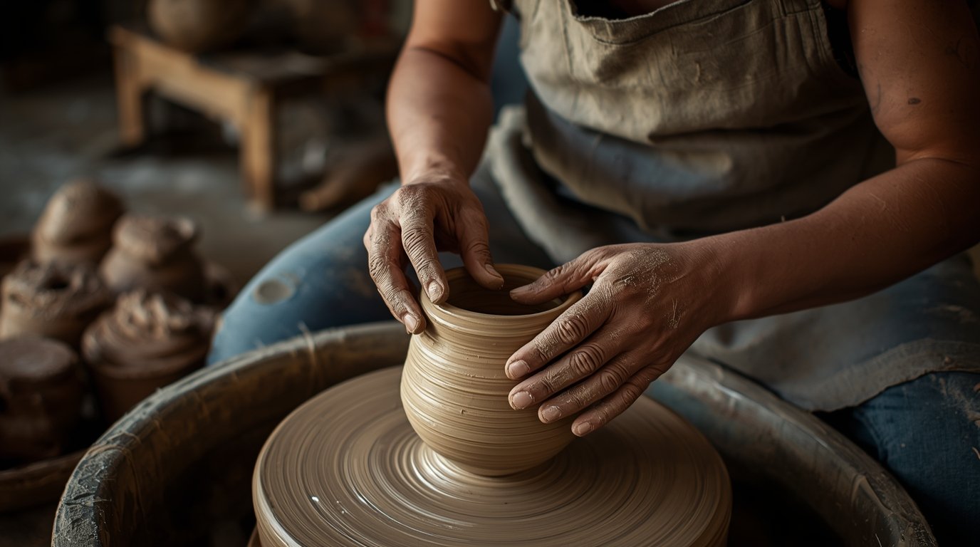 Pottery artisan working with clay on a wheel